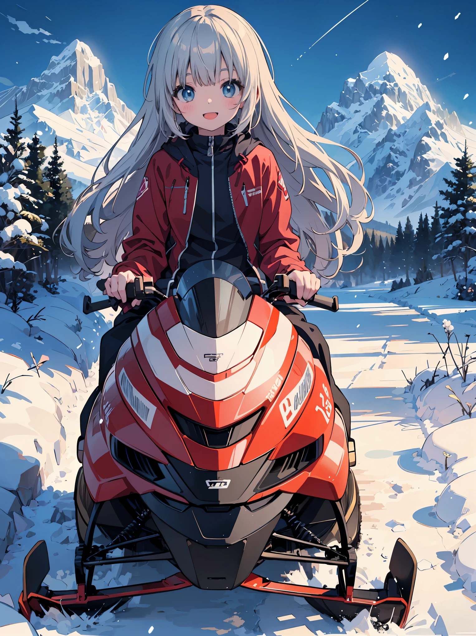 (masterpiece:1.2), (Highest quality:1.2), Ultra-high resolution, Very detailed, Perfect lighting, ((Anime girl riding a snowmobile)), whole body,smile,Mouth open,Surreal Girl, (ta,boyish , 13 y),The charm of androgyny, (Gray Hair),Fine and beautiful eyes, Well-proportioned iris and pupil, Expressive eyes, Beautiful and detailed lips, High resolution detailed hair, Ski wear,Snow Mountain,Gweiz-style artwork, Makoto Shinkai'Art Style, Portrait of Rofi, Digital anime art, Makoto Shinkai style, LOFI Girl, Anime style illustrations, ロフィArt Style, Anime illustration