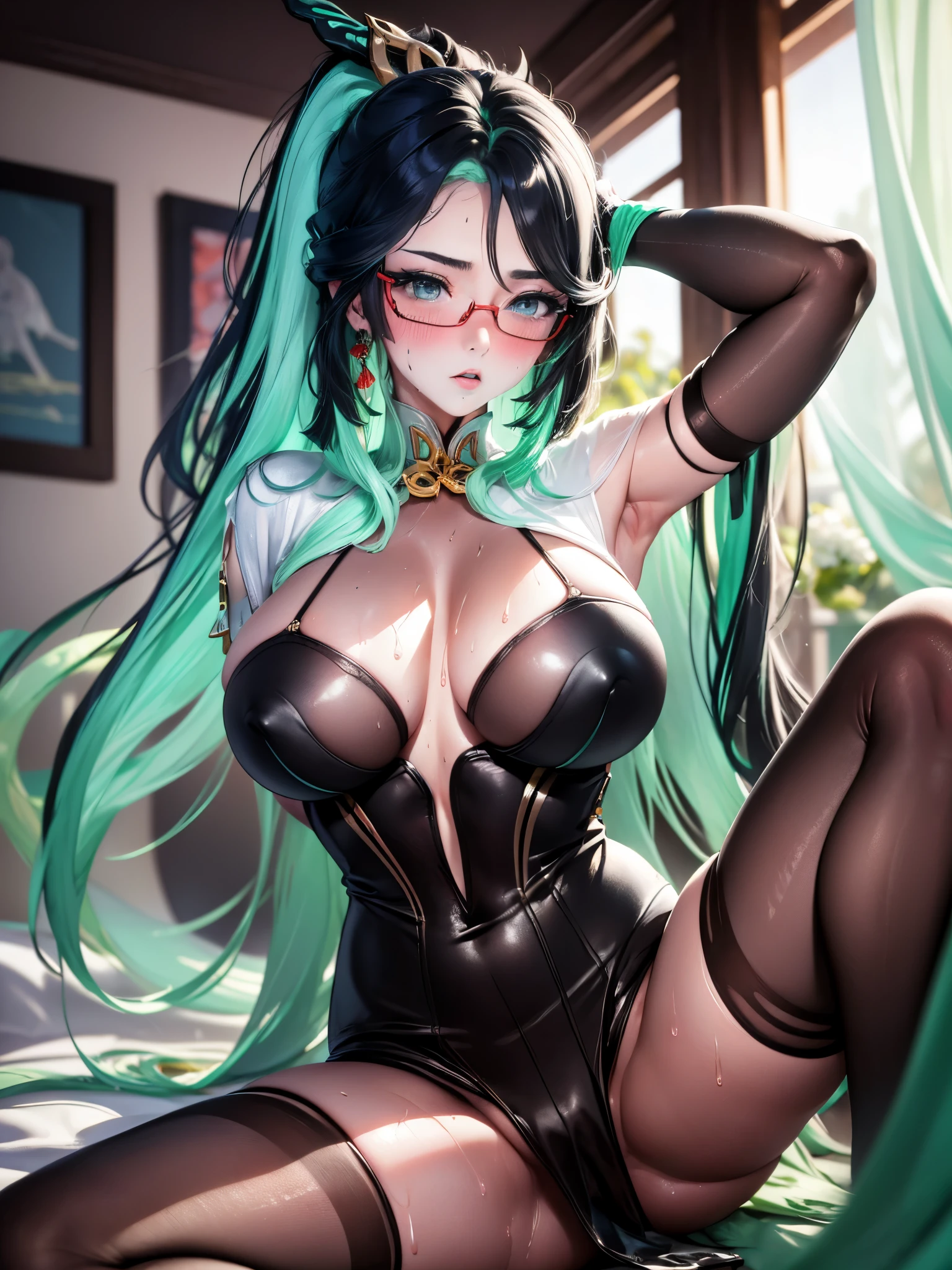 UHD, masterpiece, anatomically correct, textured skin, high details, best quality, highres, 1080P, 16k,SOLO, (1 female,Perfect body,big oppai, Black and green hair,ponytail,red glasses),(Wearing a see-through black body-Stocking:1.7)(with White shawl:1.9),(Black silk gloves:1.7),(Spreading legs:1.9),(sitting on a lux bed:1.7)(In a Chinese classical bedroom),(sweaty skin:1.7),(Her hands are behind her head:1.7),(ful Blush:1.7)
