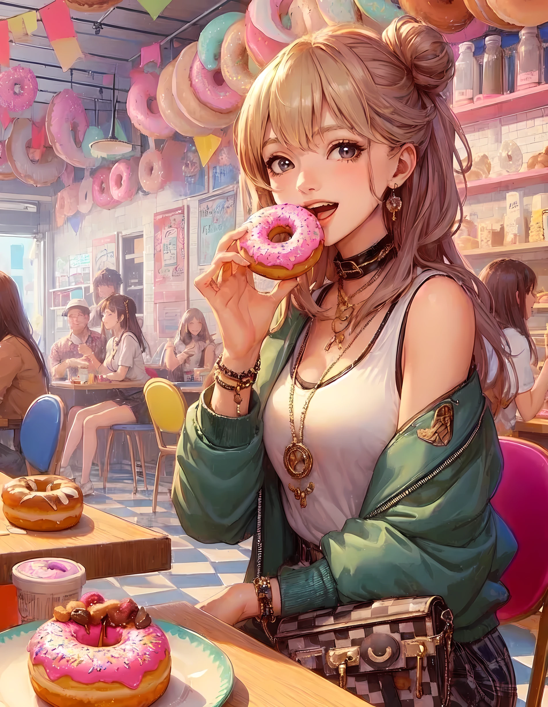 1lady solo, sitting at table, (holding donut) in one hand, taking a big bite, stylish outfit, (mature female:0.6), /(beige blond hair/) bangs, light smile, (open mouth) big, (teeth:0.8), (masterpiece best quality:1.2) delicate illustration ultra-detailed, large breasts BREAK ((big donut) decorated colorful) BREAK (donut shop) pop atmosphere, indoors, (plate with a single donut) on table, crowded, detailed background