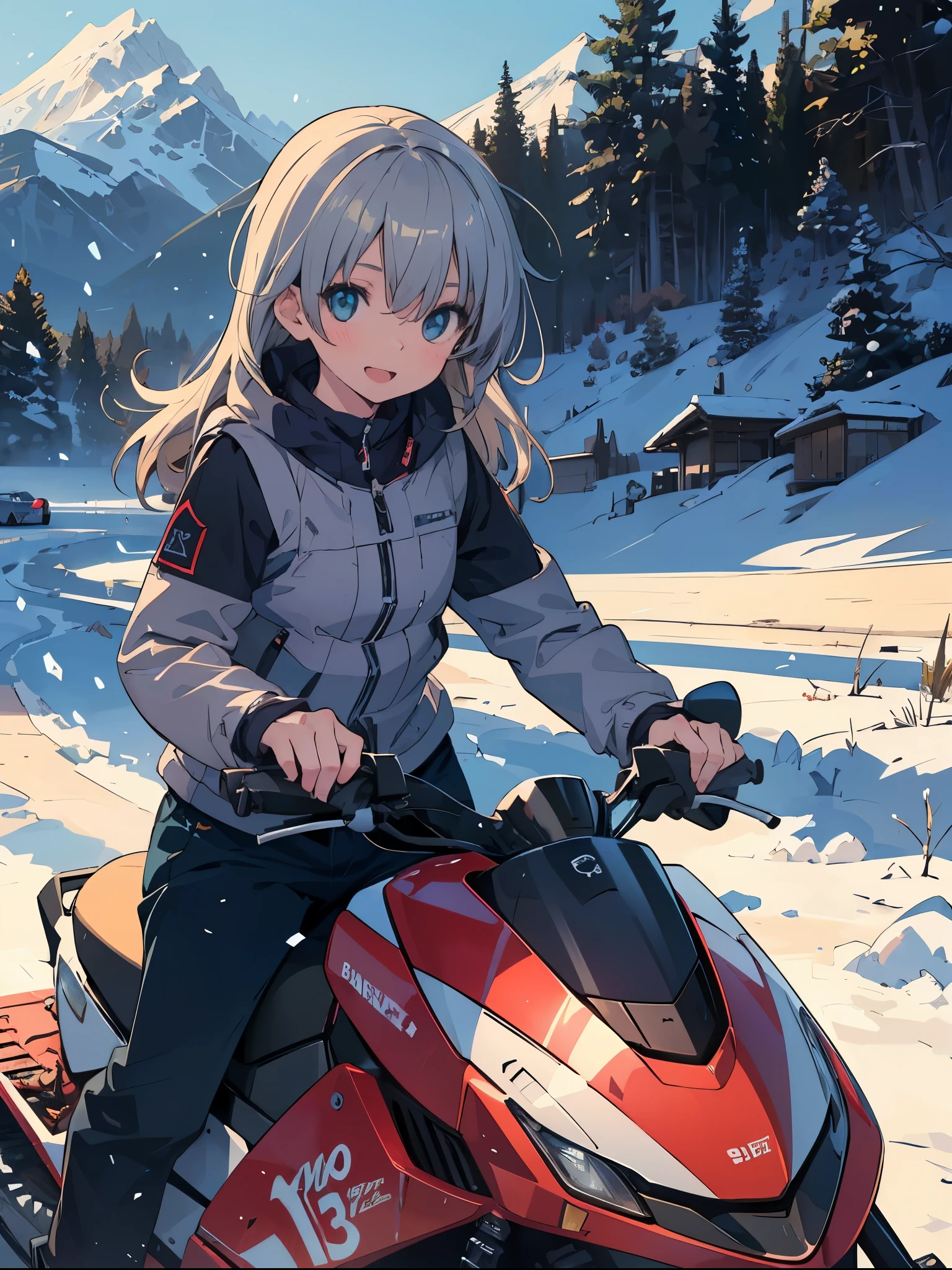 (masterpiece:1.2), (Highest quality:1.2), Ultra-high resolution, Very detailed, Perfect lighting, ((Anime girl riding a snowmobile)), whole body,smile,Mouth open,Surreal Girl, (Lolita,boyish , 13 years old:1.3),The charm of androgyny, (Gray Hair),Fine and beautiful eyes, Well-proportioned iris and pupil, Expressive eyes, Beautiful and detailed lips, High resolution detailed hair, Ski wear,Snow Mountain,Dynamic Angle,Gweiz-style artwork, Makoto Shinkai'Art Style, Portrait of Rofi, Digital anime art, Makoto Shinkai style, LOFI Girl, Anime style illustrations, ロフィArt Style, Anime illustration