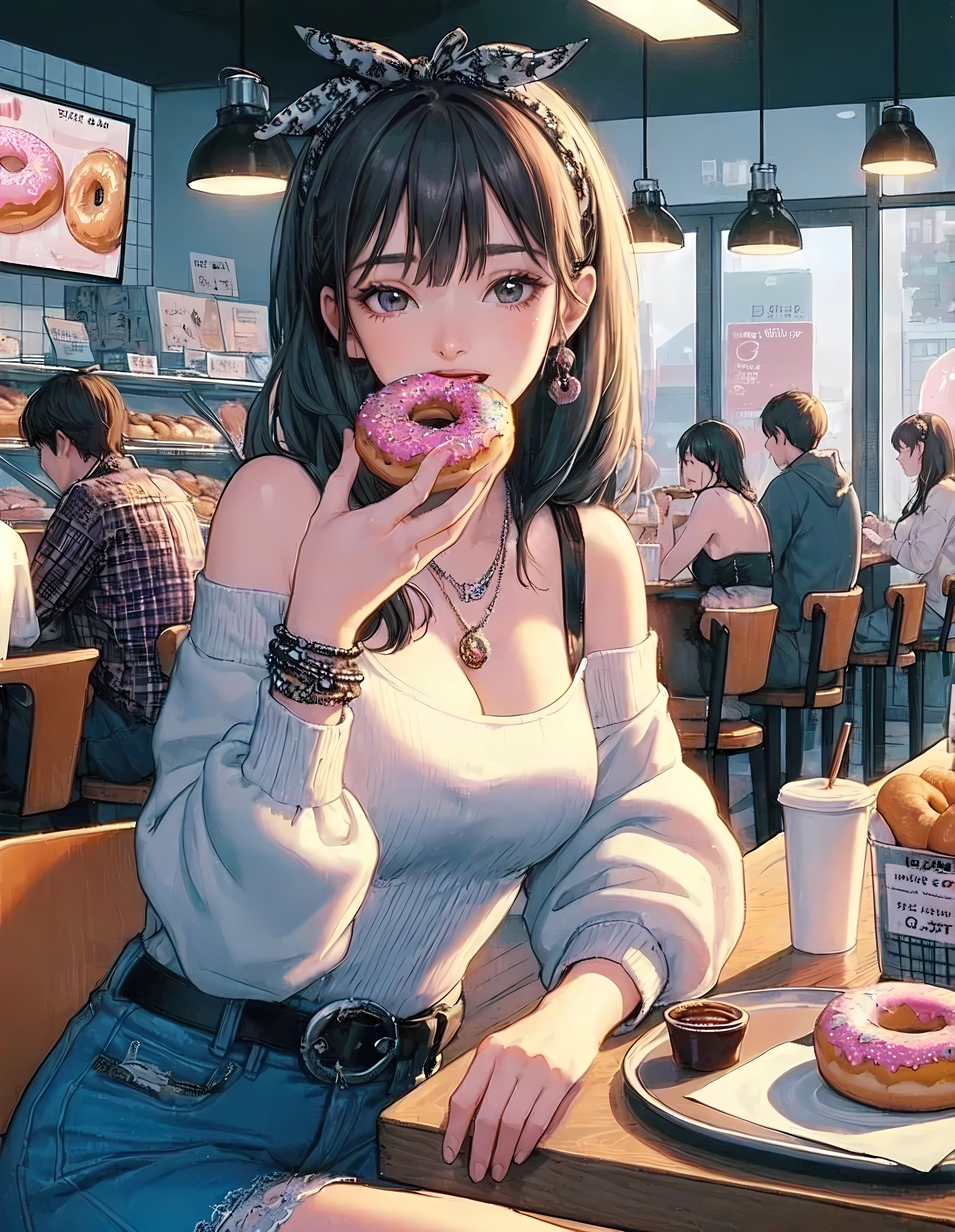 1lady solo, sitting at table, (holding donut) in one hand, taking a big bite, stylish outfit, (mature female:0.5), /(dark gray hair/) bangs, (open mouth) big, (teeth:0.8), (masterpiece best quality:1.2) delicate illustration ultra-detailed, large breasts BREAK ((big donut) decorated colorful) BREAK (donut shop) pop atmosphere, indoors, (plate with a single donut) on table, crowded, detailed background