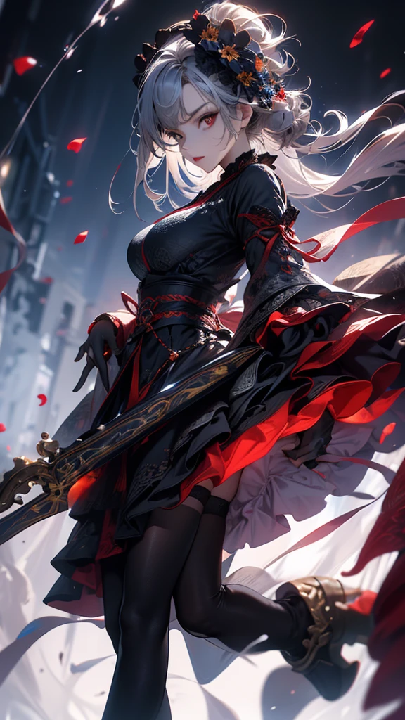 masterpiece, high quality, 4K, Beautiful design, silhouette,Gray Hair, 非常に詳細な夜のStarry Sky,Flower Field, wonderful, Finer details, Very knowledgeable woman, Highly detailed solo, 1 female,Red eyes,Big Breasts,Blue Gothic Lolita Fashion,Night view,Starry Sky,Red full moon,