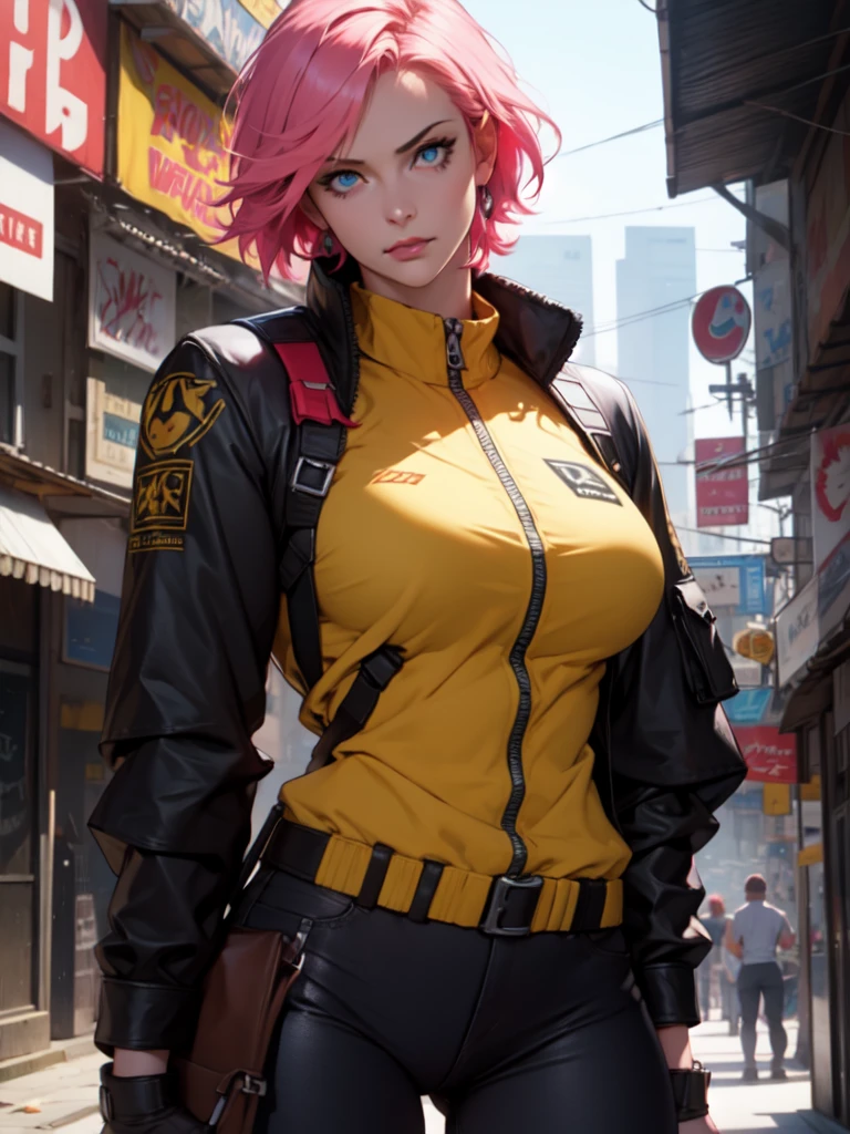 Fake body and , Mature woman in metal rising revengeance body details, foto de busto, big pink hair, shining blue eyes, wearing a mustard yellow jumpsuit, breasts big, looking 35 years old, eye on the spectator, Look to the camera, , the background is a cyberpunk city, revegeance expression, foco no rosto, de frente, foco no busto, riaden armor of metal gear rising, busty woman, eyeshield
