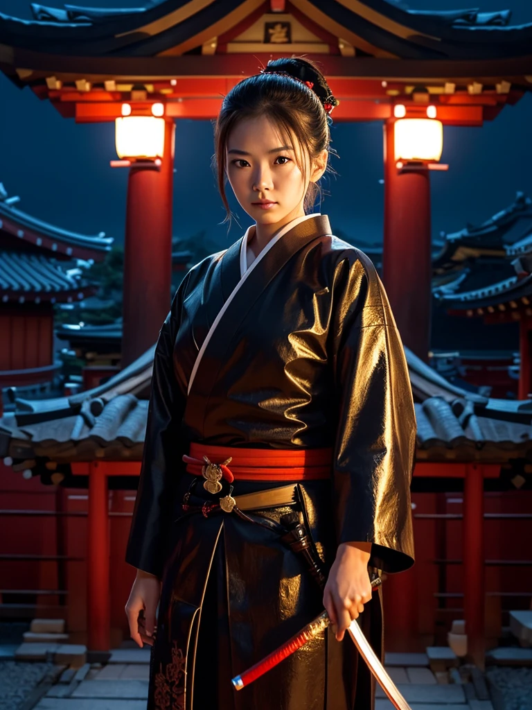 "Samurai woman with a long katana, set at night with a shrine in the background."