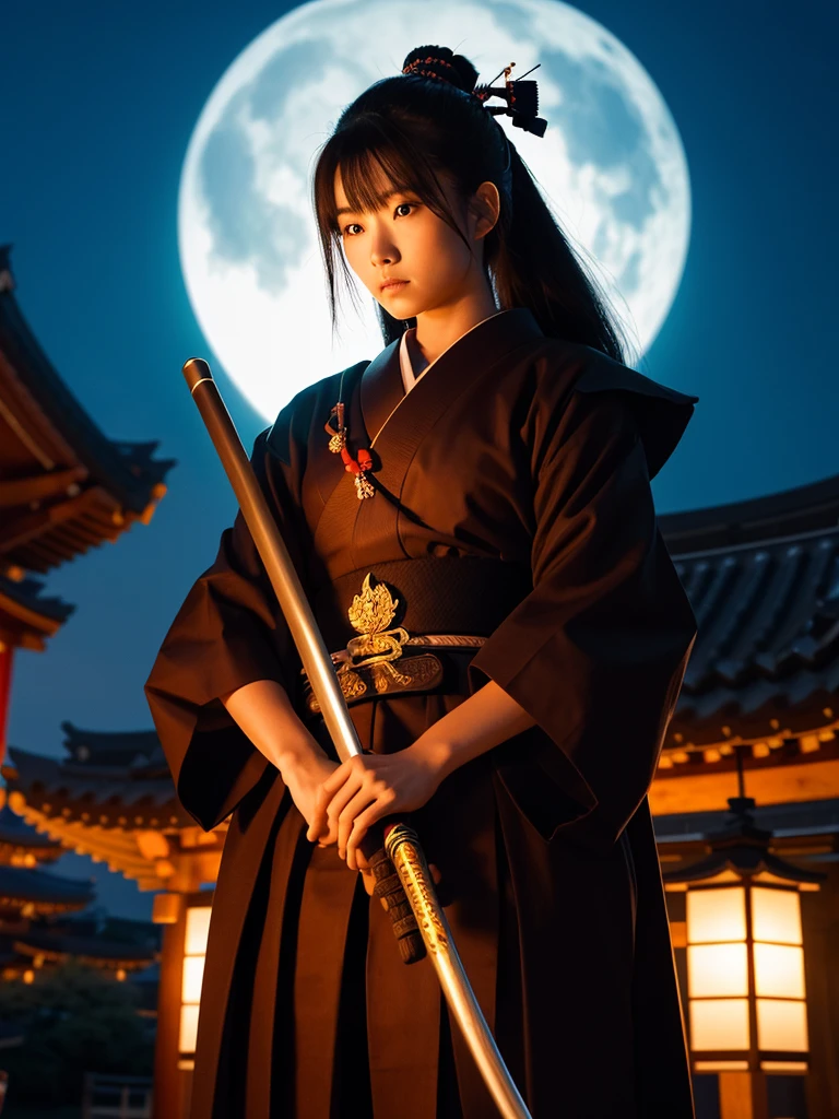 "Samurai woman with a long katana, set at night with a shrine in the background."