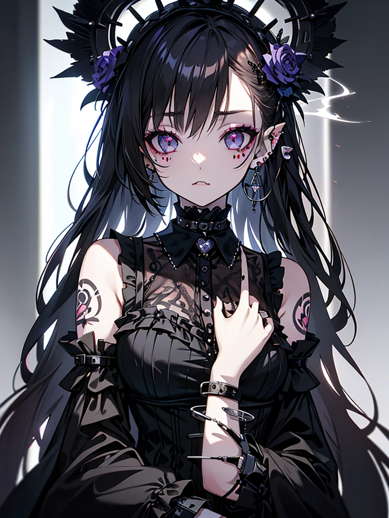 Gothic Lolita, electronic cigarette, tattoo on upper arm, ear piercing, makeup, mentally unstable, bare shoulders