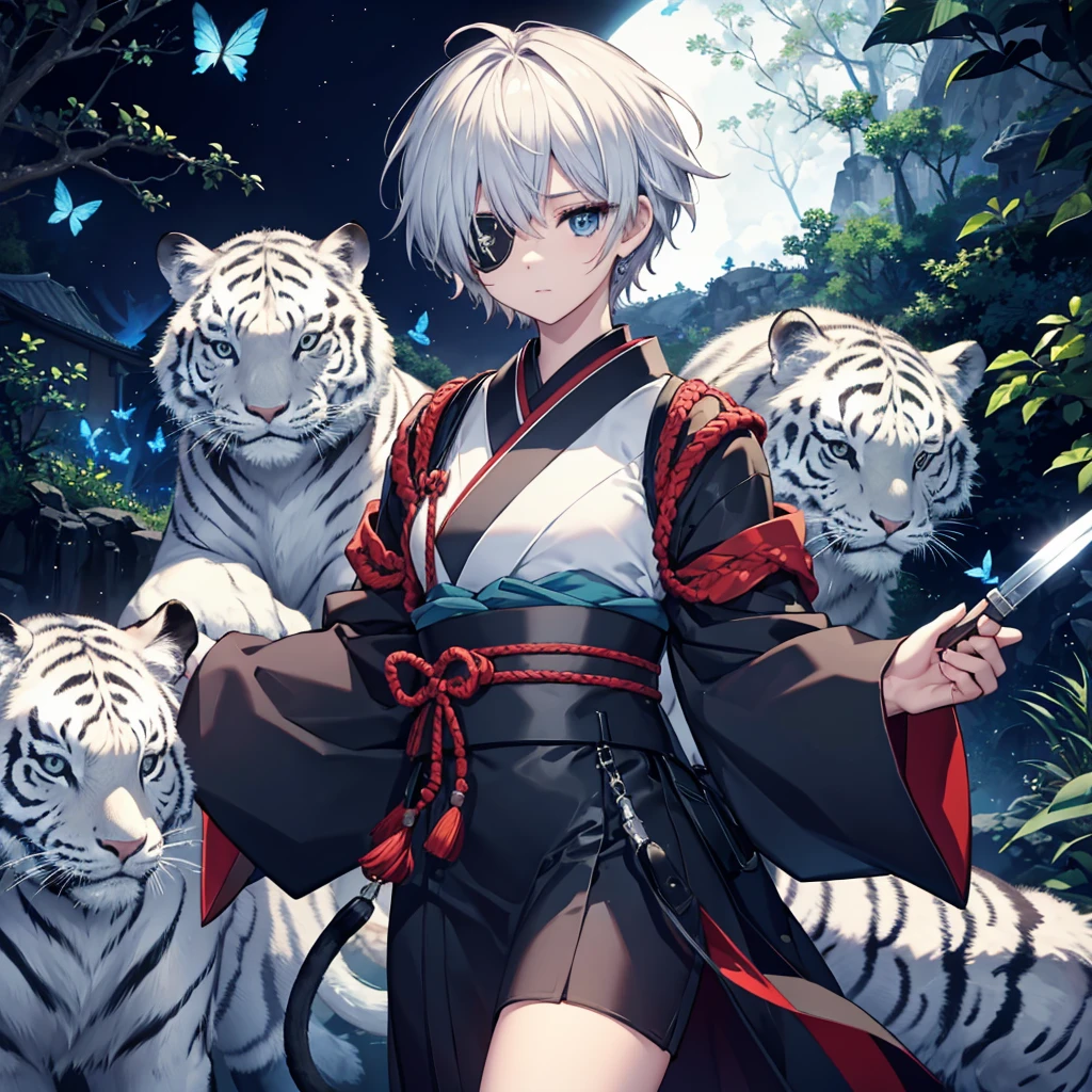 (((1 person put on an eyepatch Gray Hair White Tiger))) ((High resolution short hair Black kimono shoulder knifeを胸の前で構える)) ((Black Band warrior Lonely despair blue eyes close)) ((Blue Butterfly night Japanese style old Shining Aura garden water surface Catch the wind)) (dance 日本knife knife Slashing) 月night moonlight star Draw your sword Shining Background Shining Edges