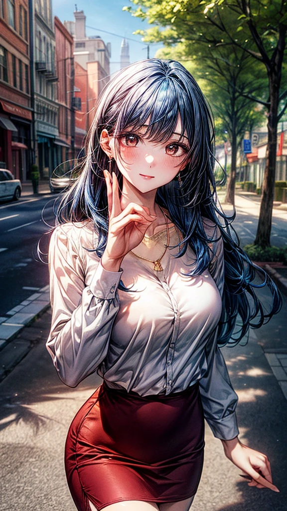 ((Highest quality, High resolution, masterpiece, detailed)),
Cowboy Shot, Written boundary depth, View your audience, Anatomically correct, 1people, woman, Perfect Face, Cute and symmetrical face, Shiny skin,
(Long Hair, Straight hair, Blue Hair), Chestnut brown eyes, (Large Breasts:0.8),
Beautiful details, Beautiful Hair, Beautiful Face, Beautiful clavicle, Beautiful body, Beautiful breasts, Beautiful thighs, Beautiful feet,
(White collared shirt, Red short pencil skirt, Golden Necklace),
(Beautiful views), evening, summer, walk, Tree-lined street, (The gesture of tucking hair behind the ear),