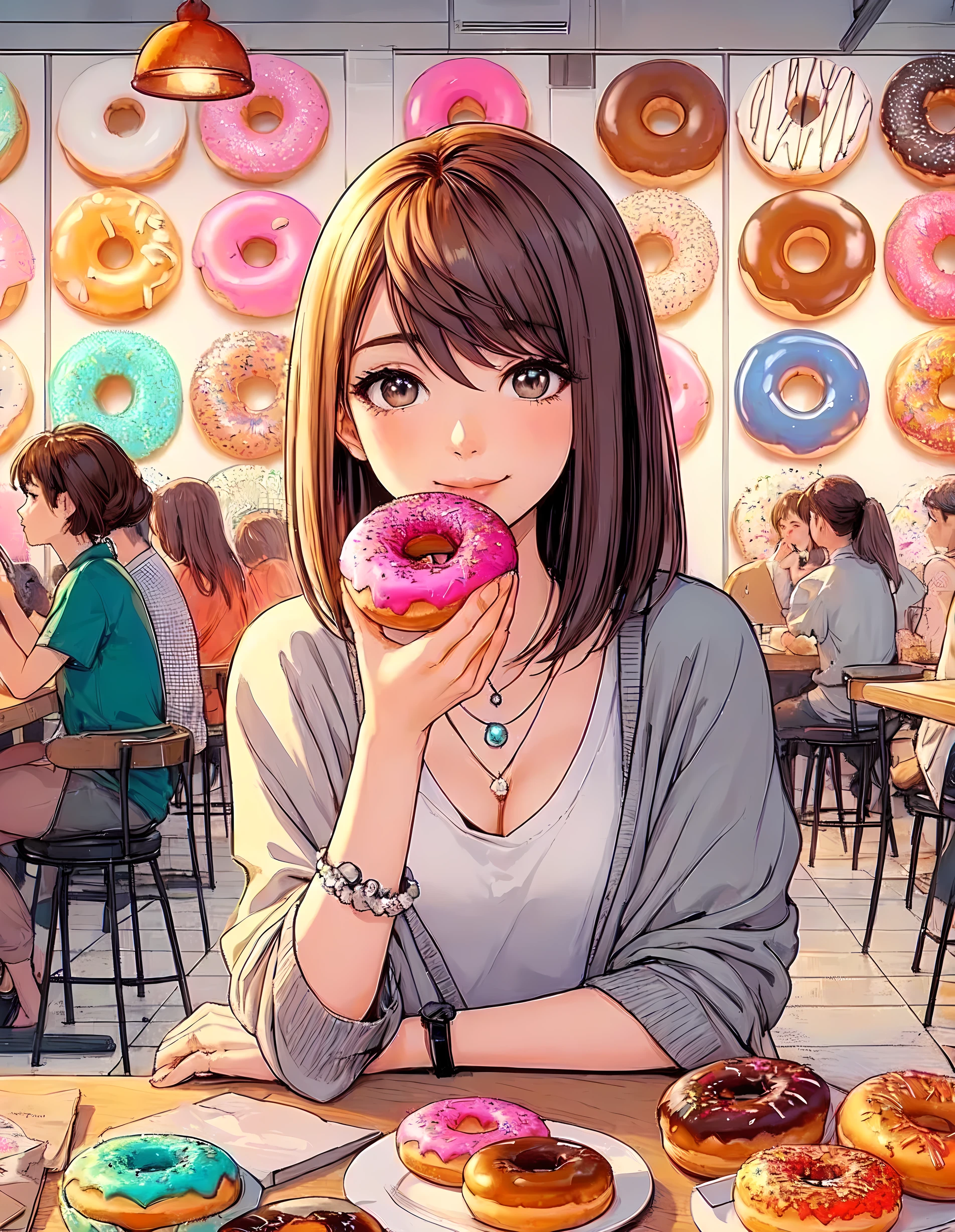 1lady solo, sitting at table, (holding donut) in one hand, taking a big bite, stylish outfit, (mature female:0.8), /(light brown hair/) bangs, light smile, (masterpiece best quality:1.2) delicate illustration ultra-detailed, large breasts BREAK ((big donut) decorated colorful) BREAK (donut shop) pop atmosphere, indoors, (plate with a single donut) on table, crowded, detailed background