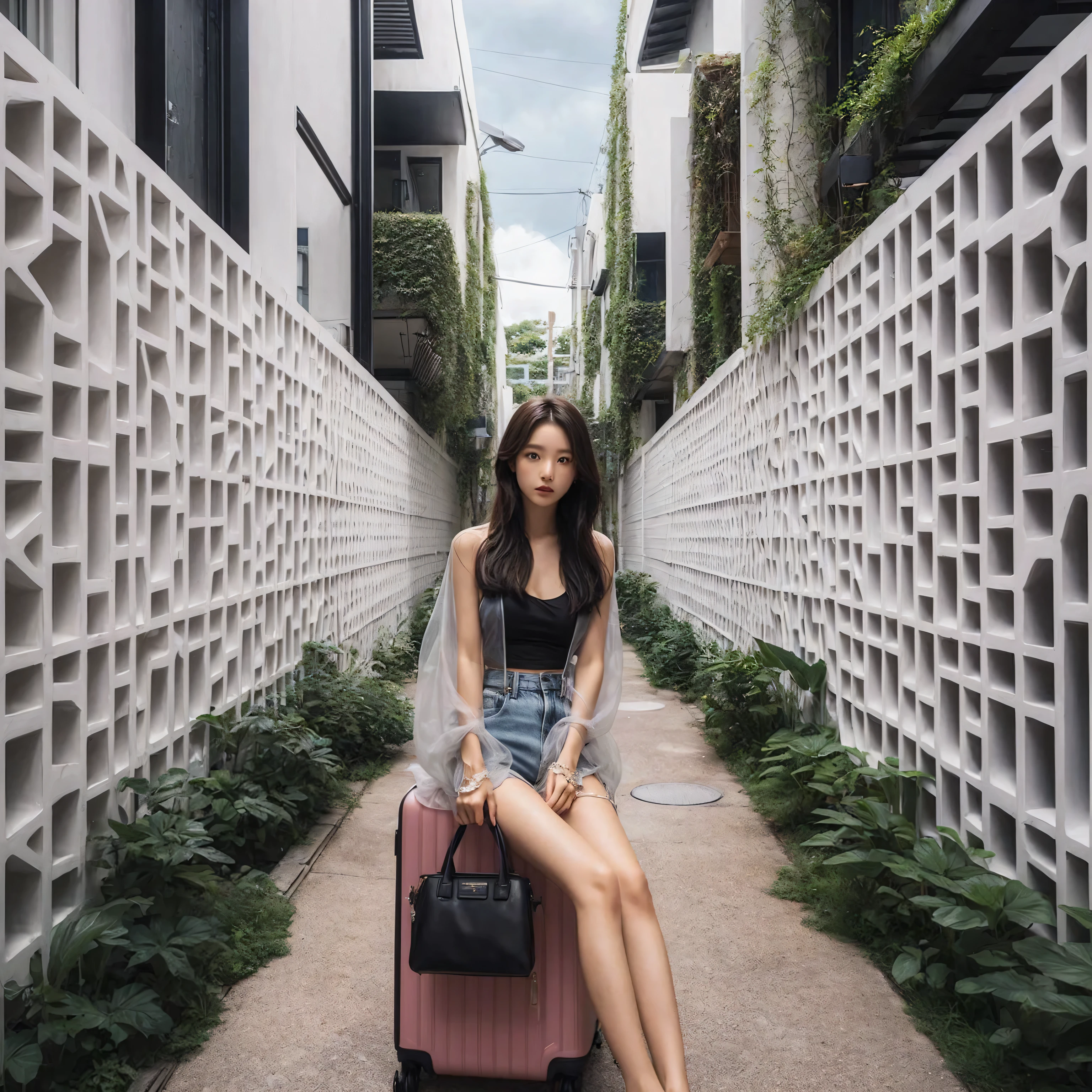 A korean girl is sitting on pink suitcase in a narrow, modern alleyway. The alley is framed by a white geometric-patterned wall on one side and lush green foliage on the other. She is stylishly dressed in a sheer, long-sleeved top over a tube top and shorts, paired with sandals. She has a small, chic black handbag resting on her lap. The scene exudes a calm, contemporary vibe with a blend of natural and architectural elements. The overcast sky above adds to the serene atmosph