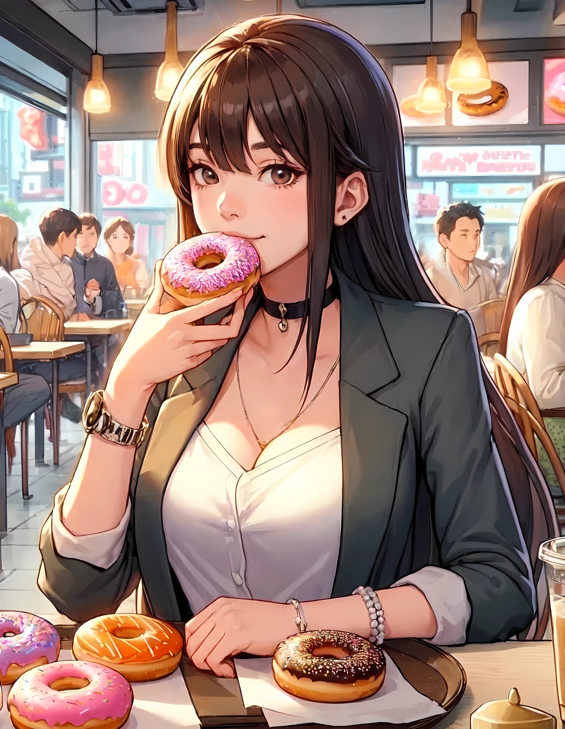 1lady solo, sitting at table, (holding donut) in one hand, taking a big bite, stylish outfit, (mature female:0.8), /(dark brown hair/) bangs, light smile, (masterpiece best quality:1.2) delicate illustration ultra-detailed, large breasts BREAK ((big donut) decorated colorful) BREAK (donut shop) pop atmosphere, indoors, (plate with a single donut) on table, crowded, detailed background