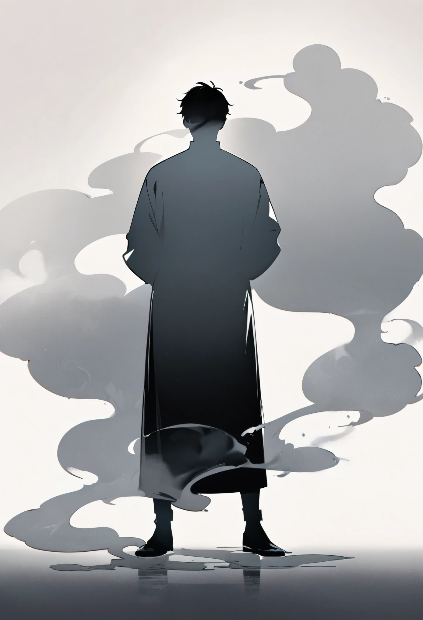 A man in black standing in the smoke,Blending into the smoke,Man silhouette,Chinese style,Black and White,Minimalist style