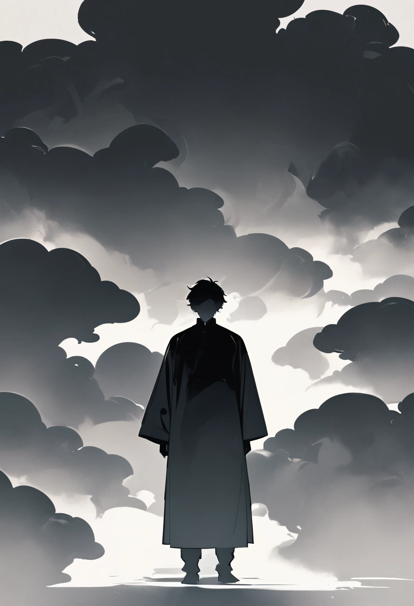 A man in black standing in the smoke，Blending into the smoke，Man silhouette，Chinese style，Black and White，Minimalist style