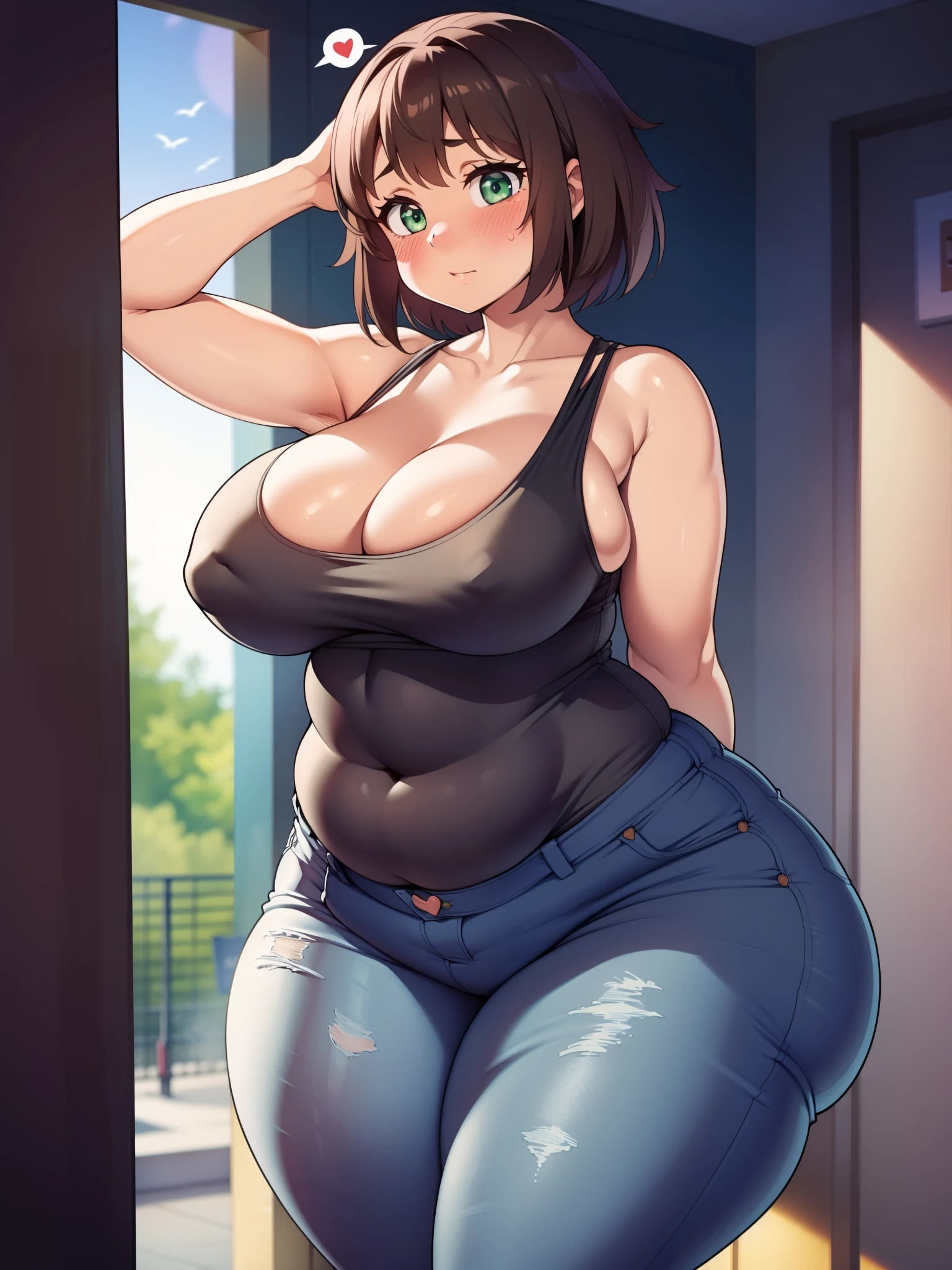 ((highres)), Masterpiece, high quality, best quality, beautiful, perfect lighting, detailed face, ultra cute face, ((1girl)), ((blush)), ((blush)), embarrassed, looking at viewer, skindentation, short brown hair, fluffy hair, green eyes, jeans, tank top, tight clothes, full body, fast food restaurant, medium , perky breastsage, ((wi), ((massive thighs)), ((plump)), chubby belly, fat folds, standing, (arms behind back), looking at viewer, spoken heart,