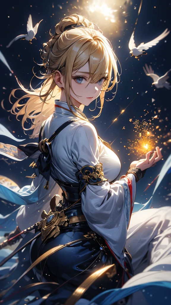 masterpiece, high quality, 4K, Beautiful design, silhouette,blonde, 非常に詳細な夜のStarry Sky,Cold ice world, wonderful, Finer details, Very knowledgeable woman, Highly detailed solo, 1 female,Big Breasts,Butt Emphasis,High-neck dress,No sleeve,Night view,Starry Sky,full moon,How to sit,firework,