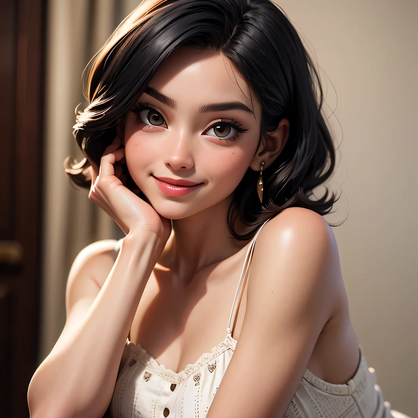 8k, RAW photo, Fujifilm, style photo of a beautiful young woman as rose in kneeling pose (highly detailed skin: 1.2) Style-Petal BREAK short hair, black hair with colored locks, wearing a sheer sundress, film granulation, 35mm, cute style,smiling