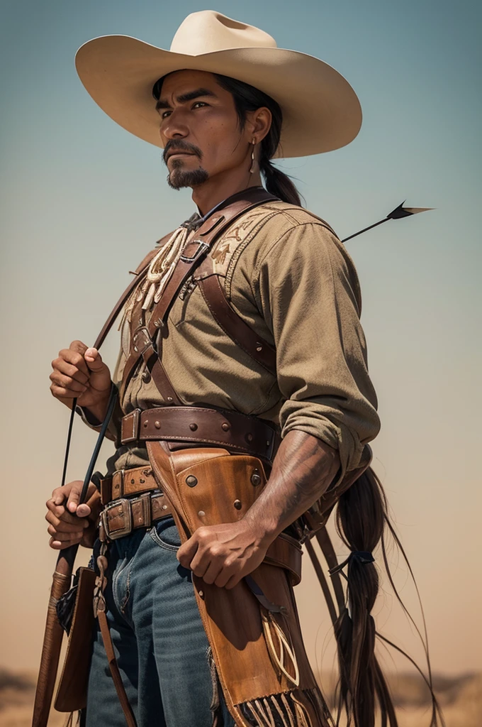 I want an illustration of an indigenous cowboy, he has a small scar on the right side of his neck in the shape of the number 41, he has a holster next to a revolver on his right side and a bow on his back next to a quiver full of arrows 