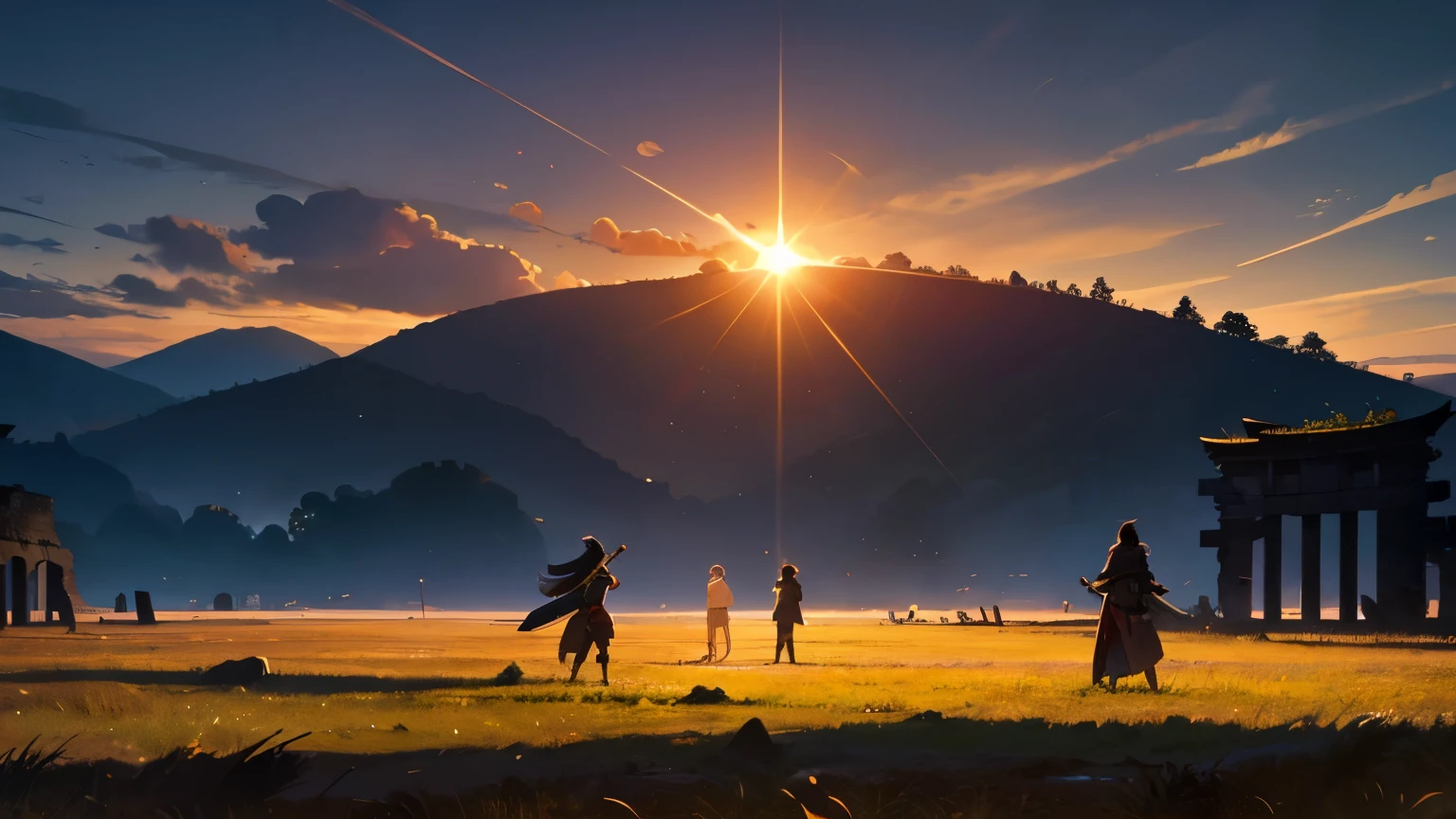 two warriors facing each other in a field of ruins, com um eclipse solar, Japan feudau