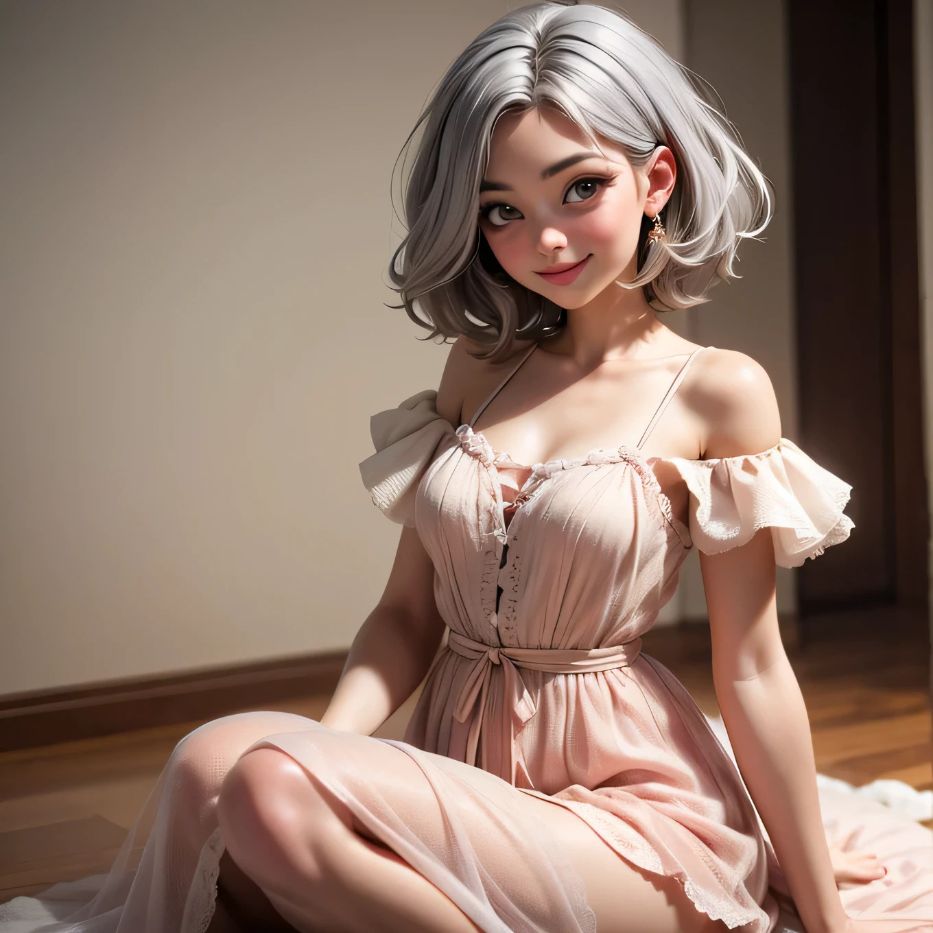 8k, RAW photo, Fujifilm, style photo of a beautiful young woman as rose in kneeling pose (highly detailed skin: 1.2) Style-Petal BREAK short hair, grey hair with colored locks, wearing a sheer sundress, film granulation, 35mm, cute style,smiling
