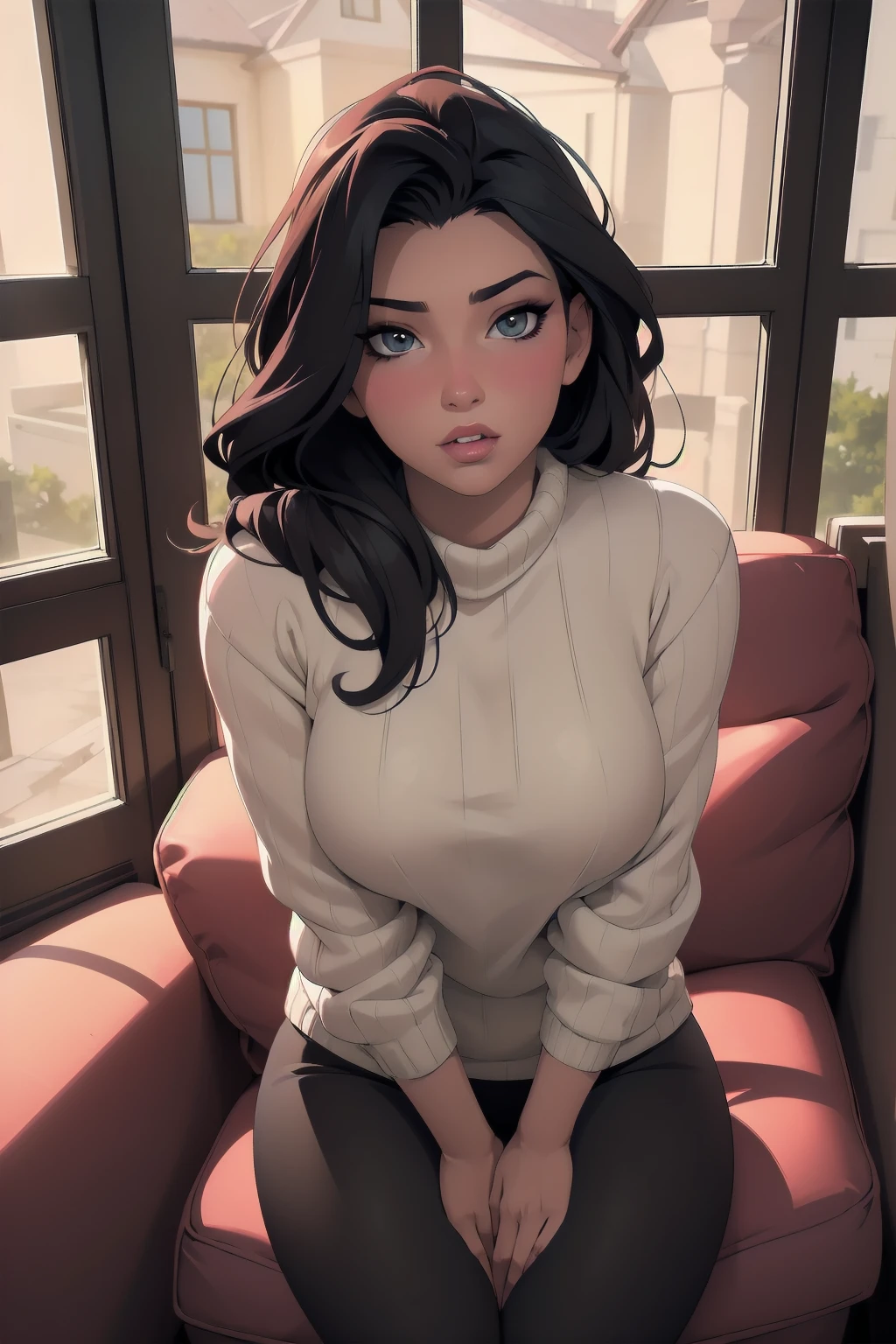 Sexy woman, perfect hair, amazing makeup, seductive gaze, blushing intensely, ready to kiss, long oversized sweater, black tights, sitting comfortably on couch, window, natural light beaming through window, beautiful face, seductively gazing at us, very seductively provocative, fisheye