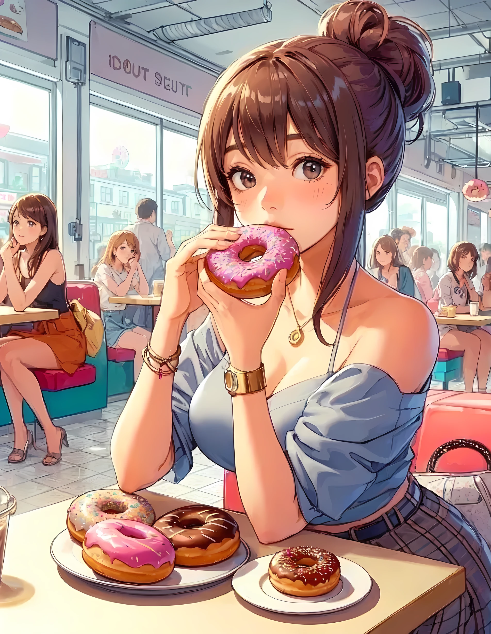 1lady solo, sitting at table, (holding donut) in one hand, taking a big bite, stylish outfit, (mature female:0.8), /(light brown hair/) bangs, blush, (surprised:0.8), (masterpiece best quality:1.2) delicate illustration ultra-detailed, large breasts BREAK ((big donut) decorated colorful) BREAK (donut shop) pop atmosphere, indoors, (plate with a single donut) on table, crowded, detailed background