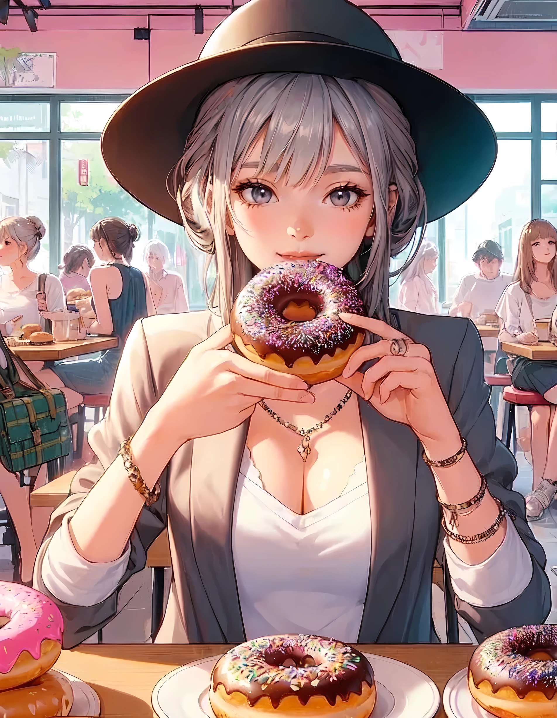 1lady solo, sitting at table, (holding donut) in one hand, taking a big bite, stylish outfit, (mature female:0.8), /(beige silver hair/) bangs, light smile, (masterpiece best quality:1.2) delicate illustration ultra-detailed, large breasts BREAK ((big donut) decorated colorful) BREAK (donut shop) pop atmosphere, indoors, (plate with a single donut) on table, crowded, detailed background