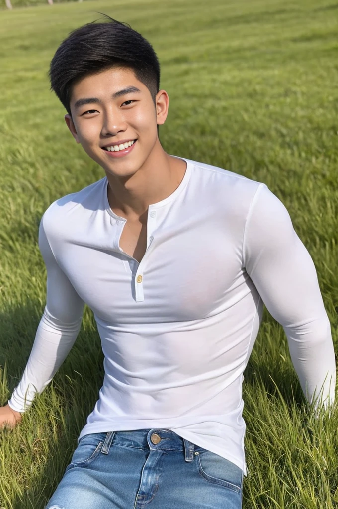 ((realistic daylight)) , Young Korean man in a white long-sleeved jeans shirt, revealing only the chest, no stripes, jeans., A handsome, muscular young Asian man looks at the camera.  , in the meadow wheat ,turn sideways, smile