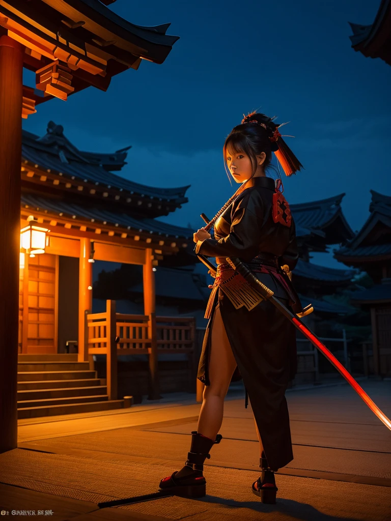 "Samurai woman with a much long katana, set at night with a shrine in the background."