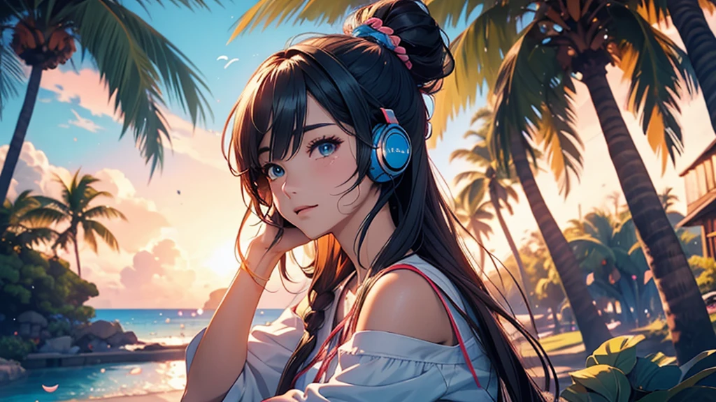 Woman wearing headphones, Anime Style 4 k, anime wallpaper 4k, anime wallpaper 4k, 4k anime wallpaper, anime art wallpaper 4k, anime art wallpaper 4k, Anime Style. 8k, Anime atmosphere, , Ultra HD Anime Wallpaper, Anime Art Wallpaper 8K, Anime Background,landscape、summer、island、Palm tree、Hawaii