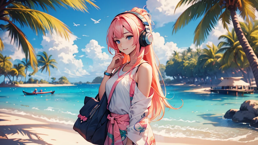 Woman wearing headphones, Anime Style 4 k, anime wallpaper 4k, anime wallpaper 4k, 4k anime wallpaper, anime art wallpaper 4k, anime art wallpaper 4k, Anime Style. 8k, Anime atmosphere, , Ultra HD Anime Wallpaper, Anime Art Wallpaper 8K, Anime Background,landscape、summer、island、Palm tree、Hawaii