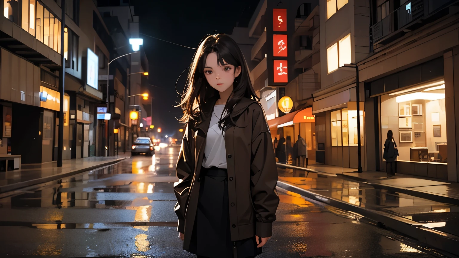 A beautiful woman. Twenty years old. Dark brown hair. She is looking at the camera with a serious expression. She is standing alone in a deserted city in the middle of the night.