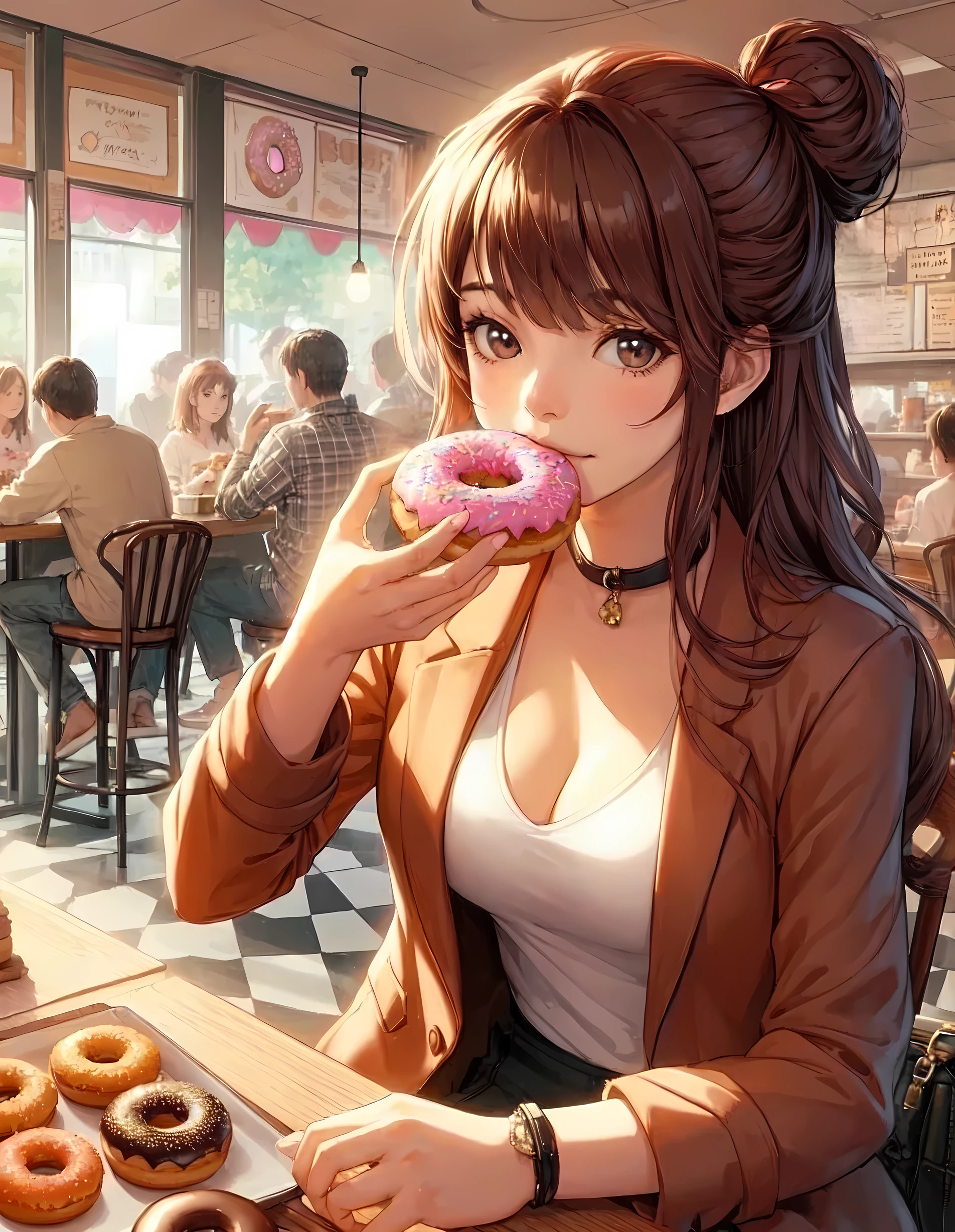 1lady solo, sitting at table, (holding donut) in one hand, taking a big bite, stylish outfit, (mature female:0.8), /(reddish-brown hair/) bangs, light smile, (masterpiece best quality:1.2) delicate illustration ultra-detailed, large breasts BREAK ((big donut) decorated colorful) BREAK (donut shop) pop atmosphere, indoors, (plate with a single donut) on table, crowded, detailed background