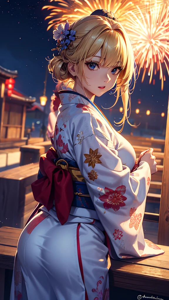 masterpiece, high quality, 4K, Beautiful design, blonde, 非常に詳細な夜のStarry Sky,Summer festival, wonderful, Finer details, Very knowledgeable woman, Highly detailed solo, 1 female,Big Breasts,Stall,Butt Emphasis,Yukata in white color,Night view,Starry Sky,How to sit,firework,