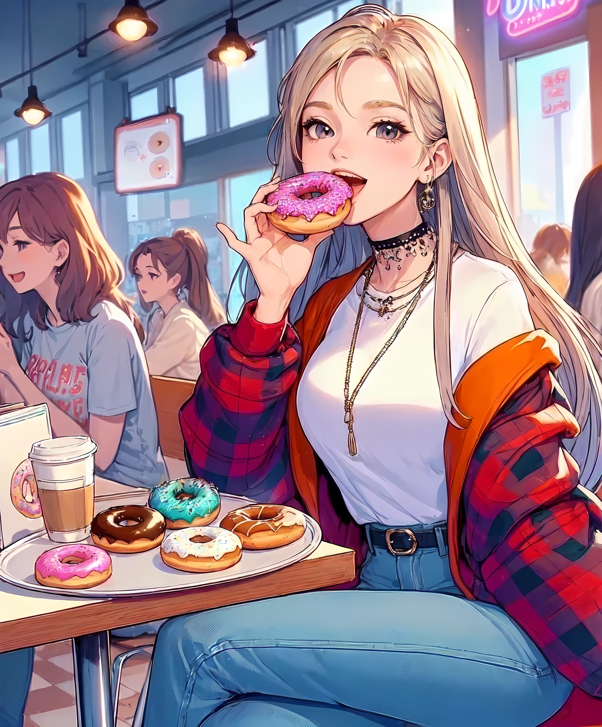 1lady solo, sitting at table, (holding donut) in one hand, taking a big bite, stylish outfit, (mature female:0.6), /(beige blond hair/) bangs, light smile, (open mouth) big, (teeth:0.8), (masterpiece best quality:1.2) delicate illustration ultra-detailed, large breasts BREAK ((big donut) decorated colorful) BREAK (donut shop) pop atmosphere, indoors, (plate with a single donut) on table, crowded, detailed background