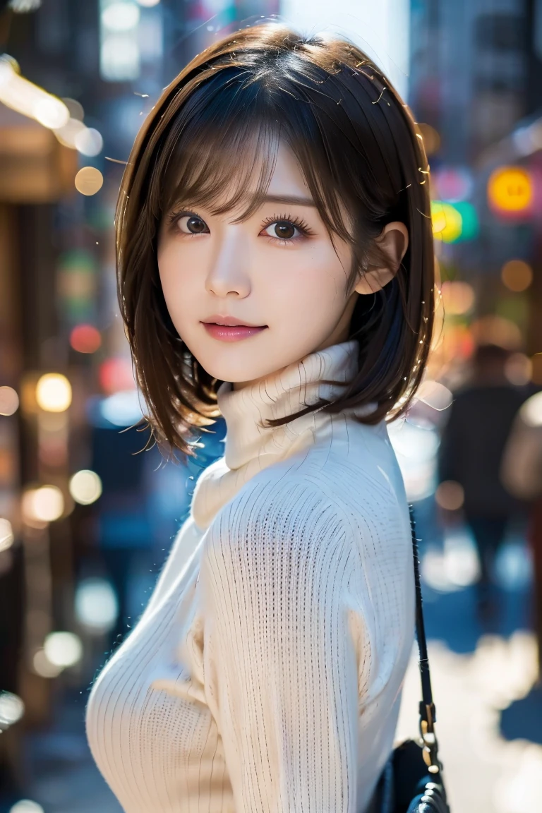 (huge 、Turtleneck knit、Shoulder bag)、(Highest quality,masterpiece:1.3,超A high resolution,),(Ultra-detailed,Caustics),(Photorealistic:1.4,RAW shooting,)Ultra-Realistic Capture,Very detailed,High resolution 16K for human skin、 The skin texture is natural、、The skin looks healthy、The color is also uniform.、 Use natural light and colour,One Woman,Japanese,,cute,Black-haired,Mid-length hair,(Depth of written boundary、chromatic aberration、、Wide range of lighting、Natural Shading、)、(Hair swaying in the wind:1.2)、Tokyo cityscape