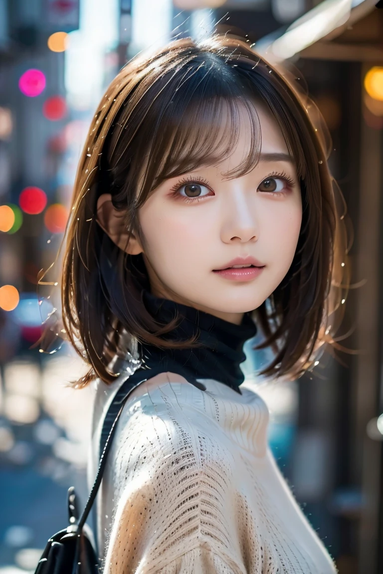(huge 、Turtleneck knit、Shoulder bag)、(Highest quality,masterpiece:1.3,超A high resolution,),(Ultra-detailed,Caustics),(Photorealistic:1.4,RAW shooting,)Ultra-Realistic Capture,Very detailed,High resolution 16K for human skin、 The skin texture is natural、、The skin looks healthy、The color is also uniform.、 Use natural light and colour,One Woman,Japanese,,cute,Black-haired,Mid-length hair,(Depth of written boundary、chromatic aberration、、Wide range of lighting、Natural Shading、)、(Hair swaying in the wind:1.2)、Tokyo cityscape