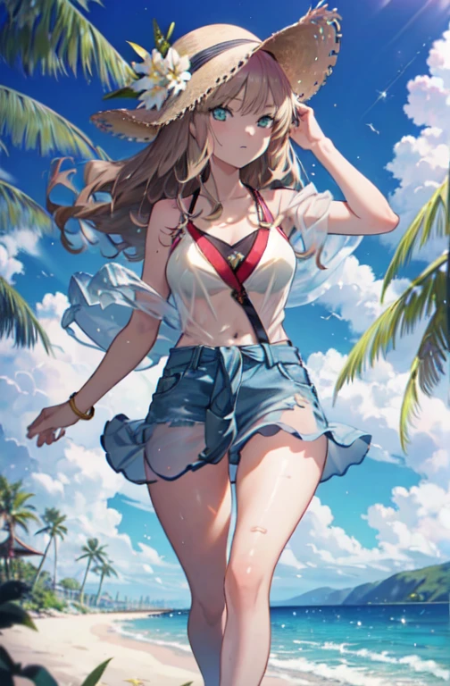 8k,Highest quality,masterpiece,１女の子 The seeds of a southern dream,The seeds of a southern dream　sss Dynazenon ,Long Hair,Green ruby eyes,Big straw hat,Blue Bikini Swimsuit,A thin floral patterned cloth is wrapped around the waist like a skirt,barefoot,barefoot,ビーチのSandy Beachを散歩しながら,With eyes that reflect the shadow of the setting sun、Brown hair fluttering in the breeze,Sandy Beach,Seaside,Light of the sun,Palm tree　　　　　　　　　　　　　　　(masterpiece:1.2), Highest quality, High resolution, unity 8k wallpaper, (shape:0.8), (Beautiful and detailed:1.6), Highly detailed face, Perfect lighting, Highly detailed CG, (Perfect hands, Perfect Anatomy), Ultra Dynamic Angle、Backlight,Shiny Hair,Glamorous Body,Realistic Flesh,Plump thighs、Stylish hairstyle,Curly hair,Stylish accessories,Very stylish swimsuit,See-through,