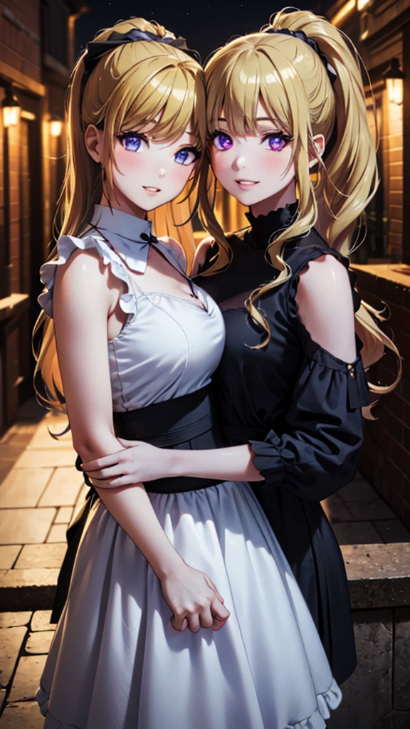 (masterpiece, best quality, absurdres), high quality, highres, ultra detailed, intricate, cinematic lighting, wallpaper, soft lighting, night, night light, cowboy shot, full shot, looking at viewer, beautiful woman, parted lips, kei Karuizawa, blonde hair, bangs, long ponytail , detailed violet eyes, ((Super Realistic Detailed Eyes, glowing eyes)),  (((2girls, mother and daughter))), carrying her daughter, smile, positive vibes, Large smile 