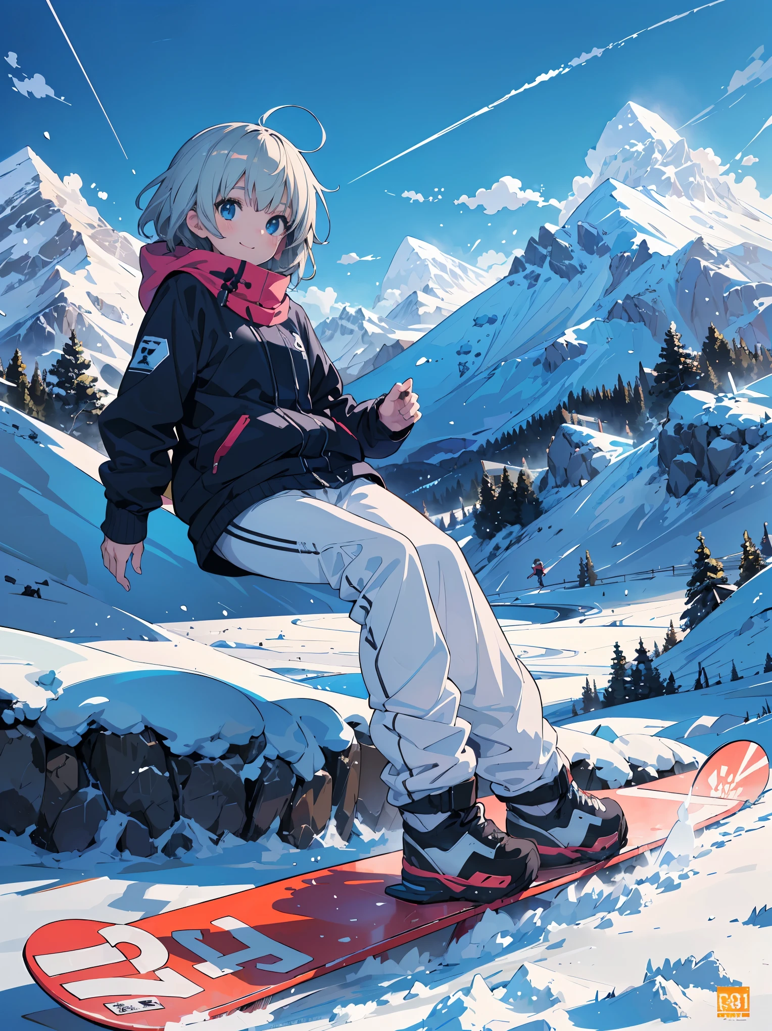 (masterpiece:1.2), (Highest quality:1.2), Ultra-high resolution, Very detailed, Perfect lighting, ((Anime girl playing snowboard)), smile,Surreal Girl, (Lolita,boyish , 13 years old:1.3),The charm of androgyny, (Gray Hair),Ski wear,Snow Mountain, Dynamic Angle,Gweiz-style artwork, Makoto Shinkai'Art Style, Portrait of Rofi, Digital anime art, Makoto Shinkai style, LOFI Girl, Anime style illustrations, ロフィArt Style, Anime illustration