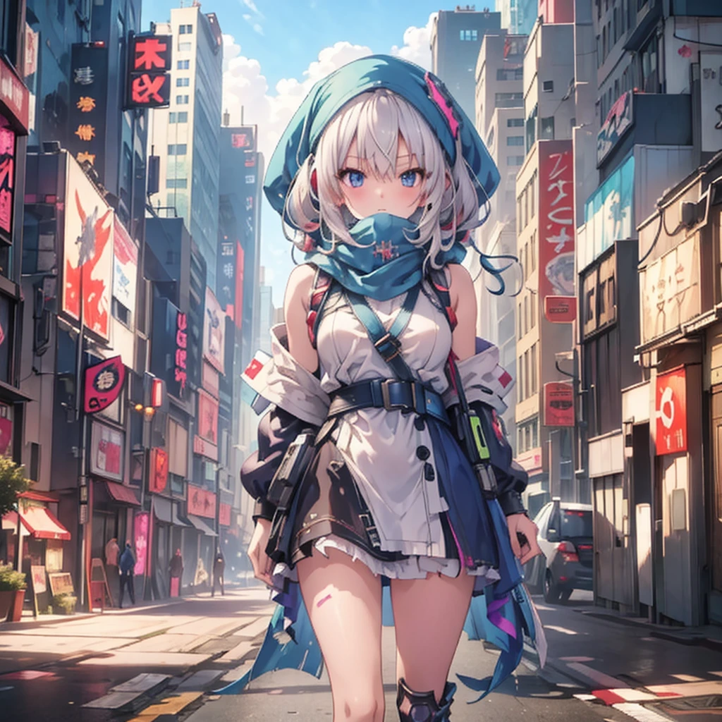 (masterpiece, Highest quality), (Detailed Hair), Very detailed, Anime Style, whole body, alone, Cyberpunk psychic girl, Big cute head scarf, whole body covered in rags, Wanderer's Outfit, Gray Hair、Red eyes, Floating in the air, Small stature, Supernatural Aura, Prism Hypnosis Aura. Beautiful and terrifying, Digital Painting, 8K high resolution, Trend Art Station, White Background, whole body, ((Psychic energy ball in hand))