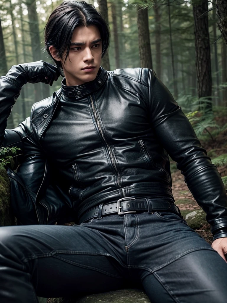 A muscular young man with black hair, wearing a black leather jacket, blue jeans, black gloves, a black belt, and black combat boots, sleeping in a forest, anime.