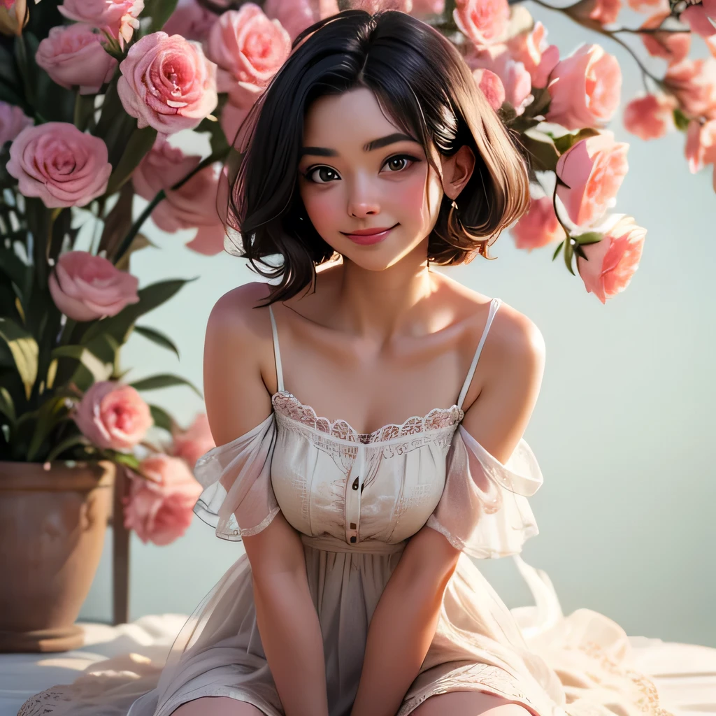 8k, RAW photo, Fujifilm, style photo of a beautiful young woman as rose in kneeling pose (highly detailed skin: 1.2) Style-Petal BREAK short hair, black hair with colored locks, wearing a sheer sundress, film granulation, 35mm, cute style,smiling