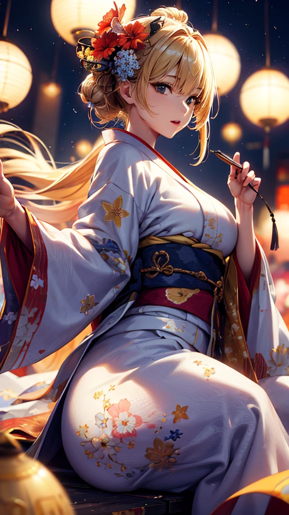 masterpiece, high quality, 4K, Beautiful design, blonde, 非常に詳細な夜のStarry Sky,Summer festival, wonderful, Finer details, Very knowledgeable woman, Highly detailed solo, 1 female,Big Breasts,Stall,Butt Emphasis,Yukata in white color,Night view,Starry Sky,How to sit,firework,