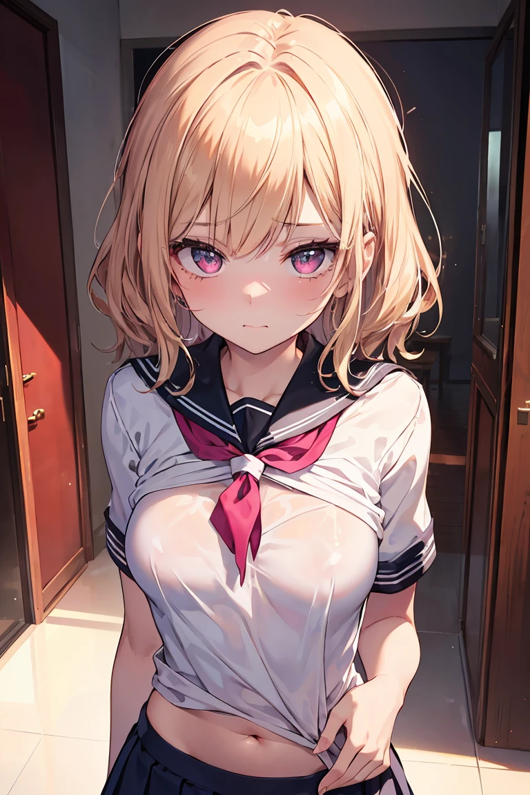 masterpiece, absurdres, best quality, ultra detailed, high Resolution, detailed illustration, bright colour, (extremely beautiful detailed face and eyes, Delicate beautiful face, 1 girl, 18yo, cute face:1.3), (magenta eyes:1.1), sparkling eyes, big eyes, (medium breasts:1.3), (perky breasts:1.1), (pointy breasts:1.1), medium hips, glamorous body, white skin, BREAK, (blonde hair:0.8), messy hair, detailed hair, shiny hair, BREAK (school uniform, down blouse:1.3), perfect lighting, (ecstasy, vulgarity:1.5), (Embarrassed:1.3), (Love juice:1.3), bedroom, (lift hip up posture:1.3),