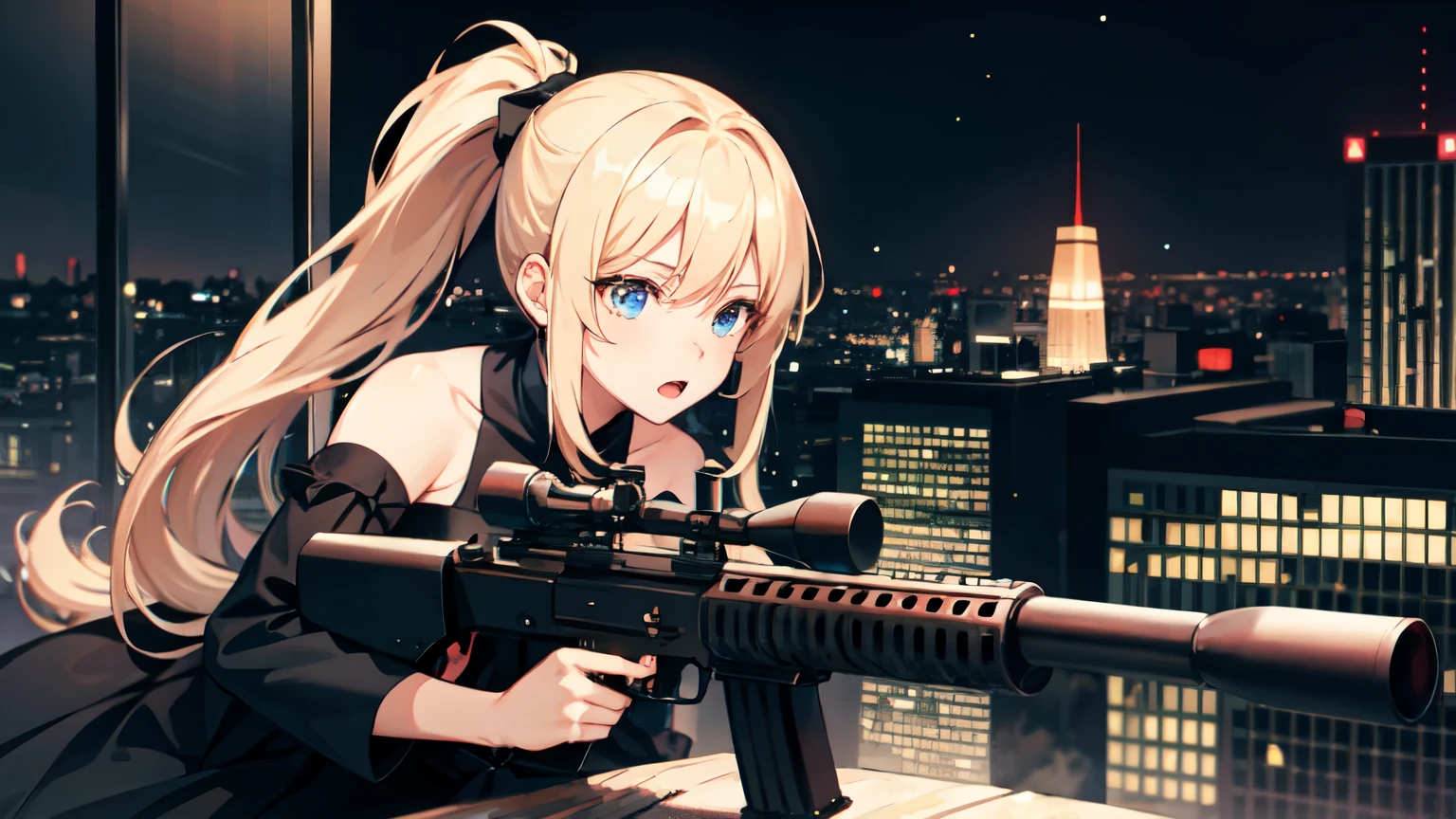 One girl, (sniper rifle), {(shooting stance), (Prone), Face down}, black elegant dress, Rooftop, office Street, night, Outdoor, Blonde ponytail, Blue Eyes, ((Highest quality)), ((masterpiece)), (detailed), Perfect Face, Perfect Arms, Perfect hands, Perfect Fingers, anime, Ultra-fine illustration,