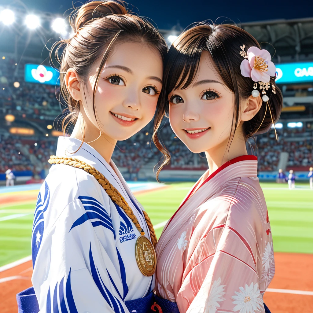 score_9,score_8_up,score_7_up,score_6_up,score_5_up,score_4_up,Wearing Yukata、頬にJapanese flagを描く、Two beautiful young women with hair ornaments、Olympic Stadiumの観客席に座っています、smile、Highly detailed face and eyes、Beautifully detailed lips、Long eyelashes、Portrait、Dynamic lighting、Olympic Stadium、crowd、Japanese flag、gold medal