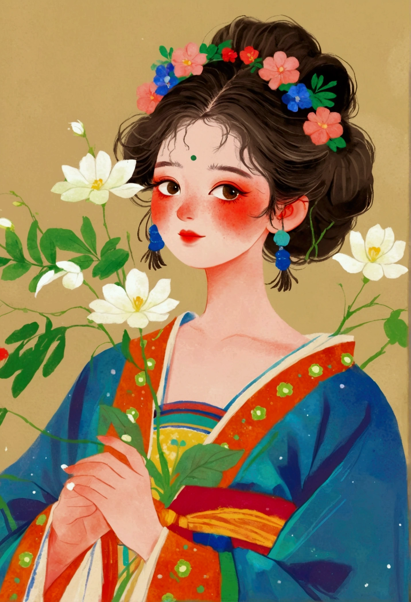 A painting,A woman holding a flower in the painting, A beautiful artistic illustration, Flower-faced girl, Girl with a wreath, Lovely art style, Beautiful digital illustrations, Ni Duan, palace , Girl wearing Hanfu, Lovely and detailed digital art, Color illustrations, Inspired by Ma Yuanyu, Beauvot Art Style