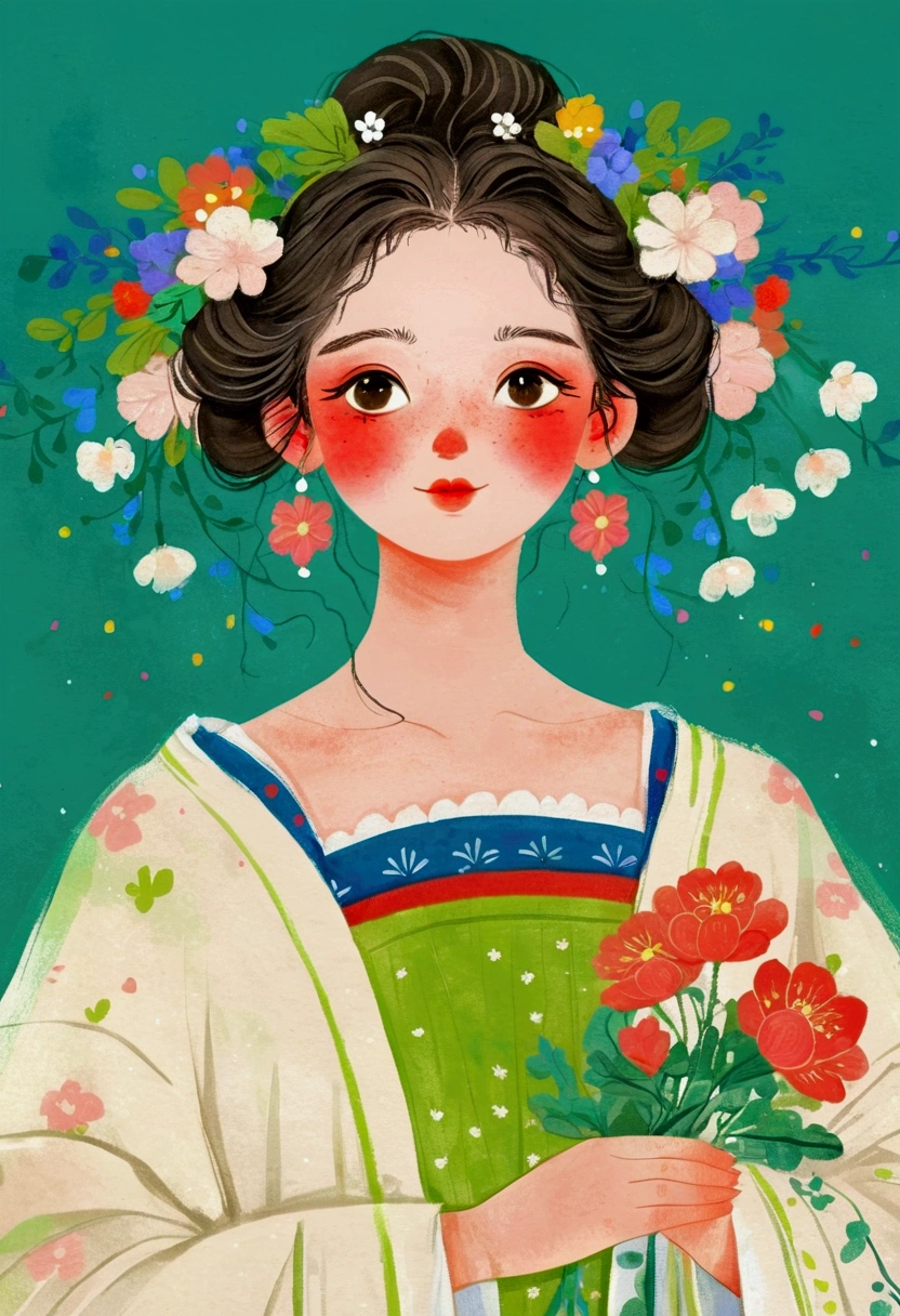 A painting,A woman holding a flower in the painting, A beautiful artistic illustration, Flower-faced girl, Girl with a wreath, Lovely art style, Beautiful digital illustrations, Ni Duan, palace , Girl wearing Hanfu, Lovely and detailed digital art, Color illustrations, Inspired by Ma Yuanyu, Beauvot Art Style