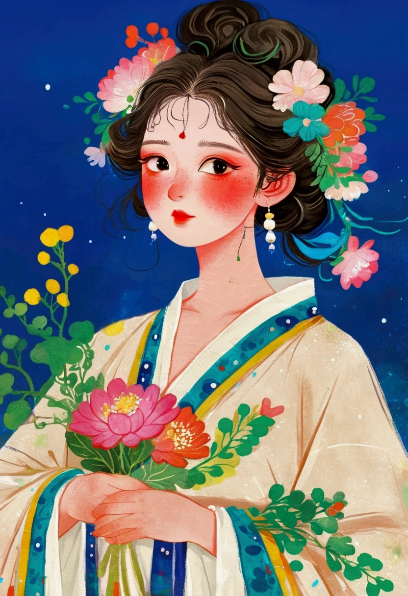 A painting,A woman holding a flower in the painting, A beautiful artistic illustration, Flower-faced girl, Girl with a wreath, Lovely art style, Beautiful digital illustrations, Ni Duan, palace , Girl wearing Hanfu, Lovely and detailed digital art, Color illustrations, Inspired by Ma Yuanyu, Beauvot Art Style