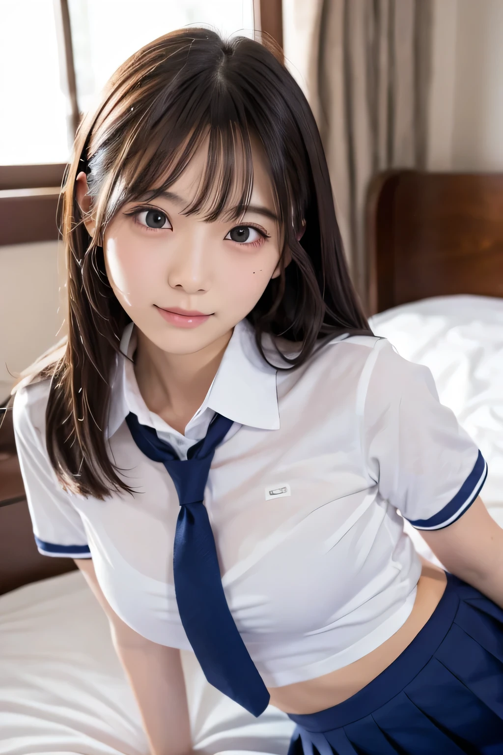 (spread legs:1.2), (白のnormal panty:1.22), , , Navy Blue Skirt, , Clear cute big nipples, 　, Straight bangs, Medium Hair、Shrine maiden, , , 、Show off your white panties neatly from the front、Japanese high school girl like in the photo,　Pale-skinned girl, , , necklace, 14 years old, , , ,, 8K, , Plain eyes、, , , realistic girl, beautiful girl、kawaii junior high school student、I am studying, Brown Hair、Cheerleader、ribbon、, ｱｲﾄﾞﾙｽﾃｰｼﾞ